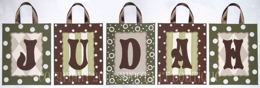 Brown Olive Green Custom Canvas letter name sign wall art initials circles dots stripes boy hanging nursery kids baby family tan cream