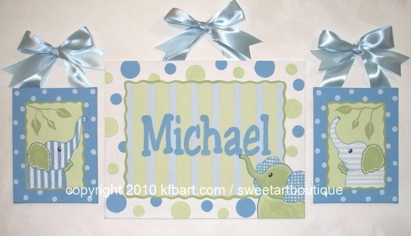 Elephant Custom canvas name sign wall art HAND PAINTED Boy 3 paintings jungle animals blue sage green dot ELI'S