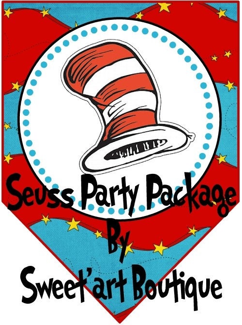 SEUSS Inspired Huge Standard Party Package pack DIY Printable Red turquoise yellow banner birthday decoration cupcake topper napkin wrap cat
