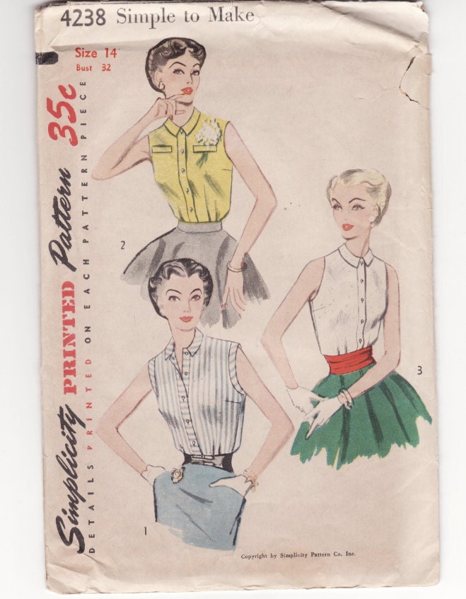 Vintage Sewing Pattern Simplicity 4238 1950's Ladies Blouse 32 Bust FF