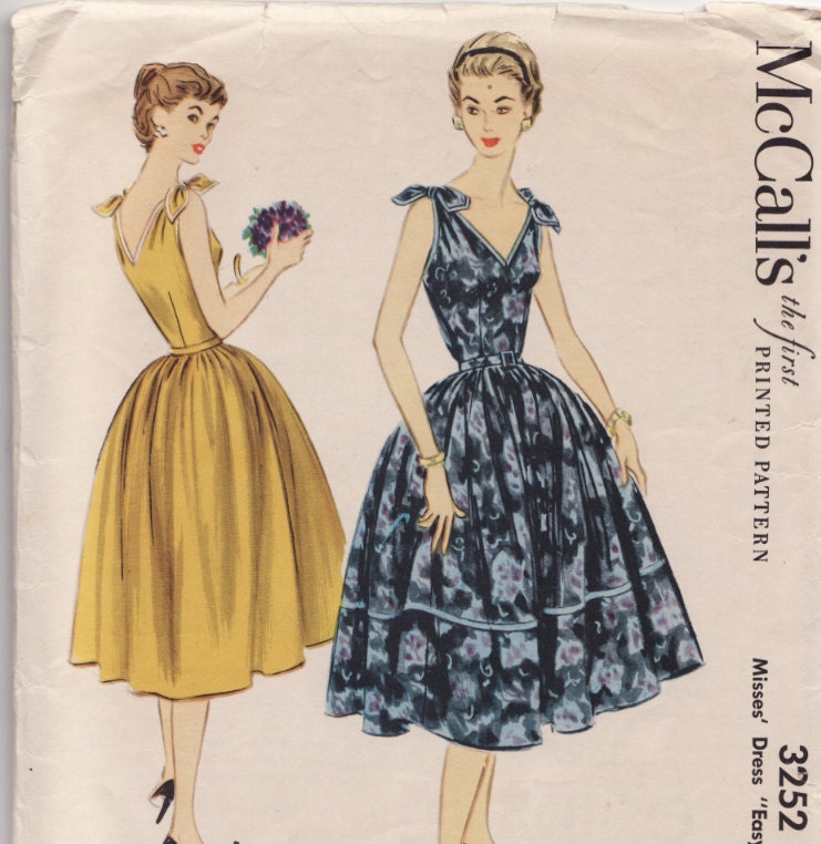 Vintage Sewing Pattern RARE 1950's Tie Shoulder Sun Dress McCall's 3252 34 Bust