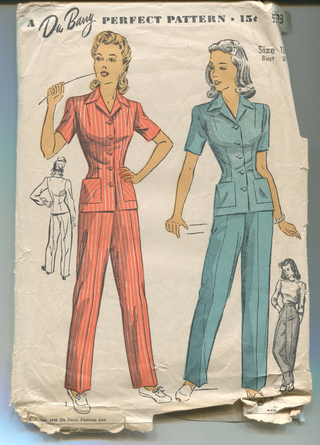 Vintage Sewing Pattern Ladies 1940's Jacket and Trouser Dubarry 5593 36" Bust