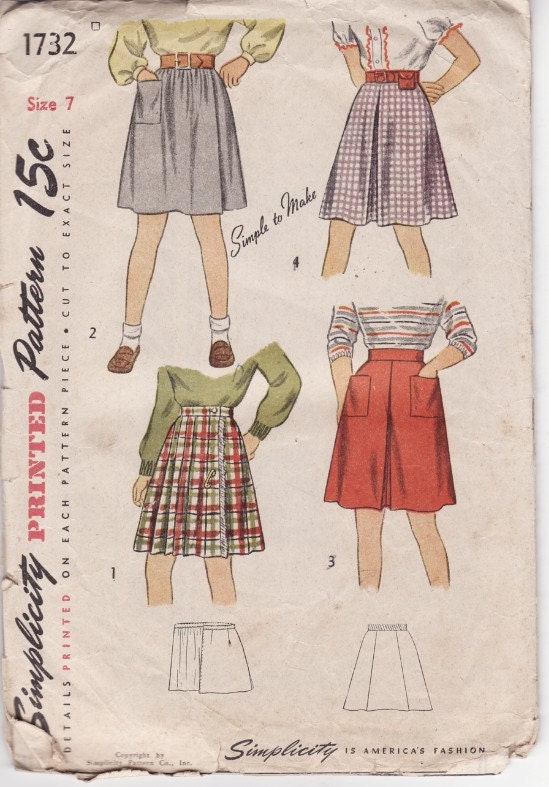 Simplicity 1732 Vintage Girl's Skirt Sewing Pattern 22 1/2 Waist