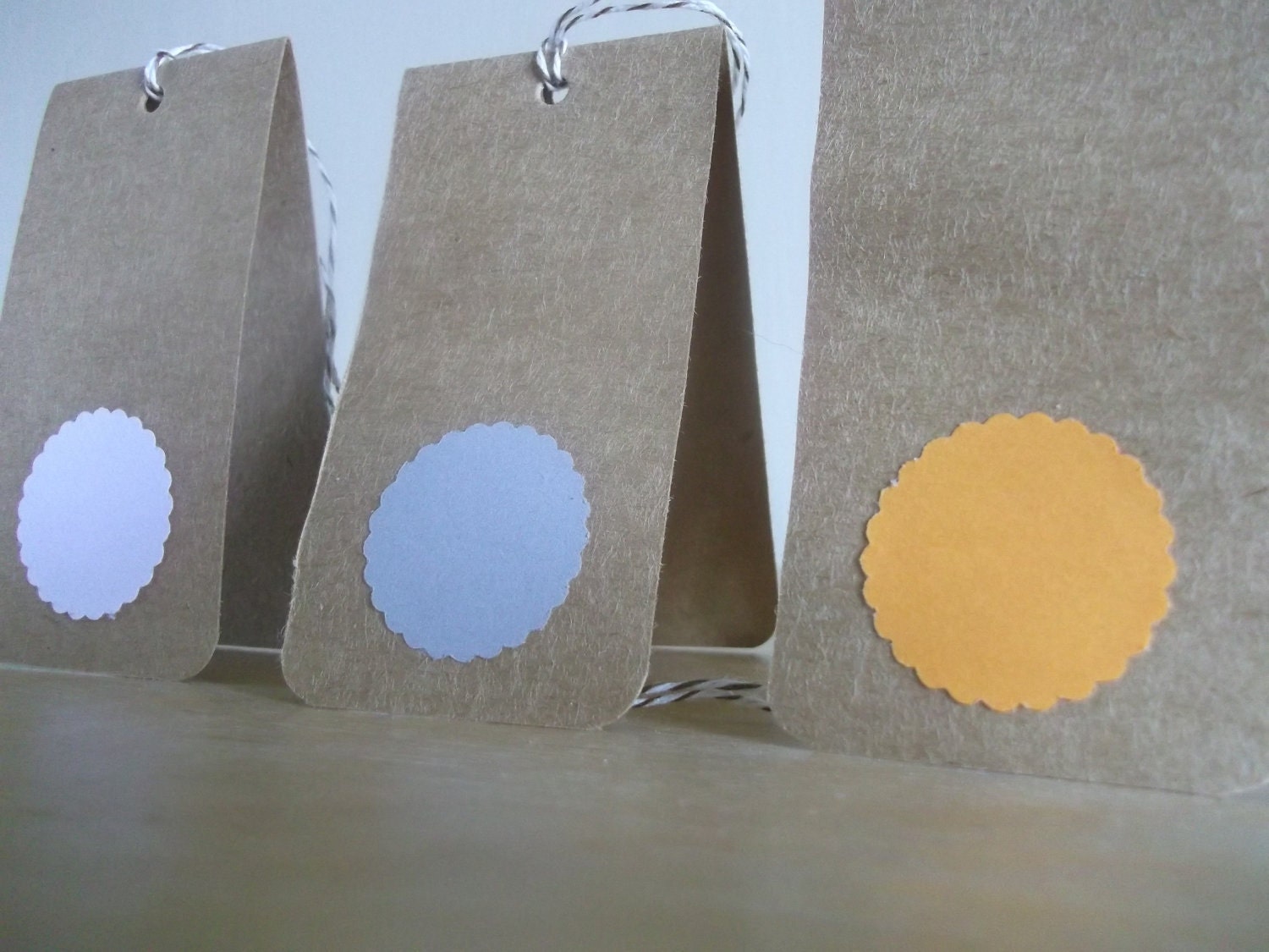 Kraft brown with scallop orange white circle folding tags set of 5 with bakers twine