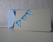 Postage stamp bunting and security paper envelope upcycled grey blue small folded greetings card