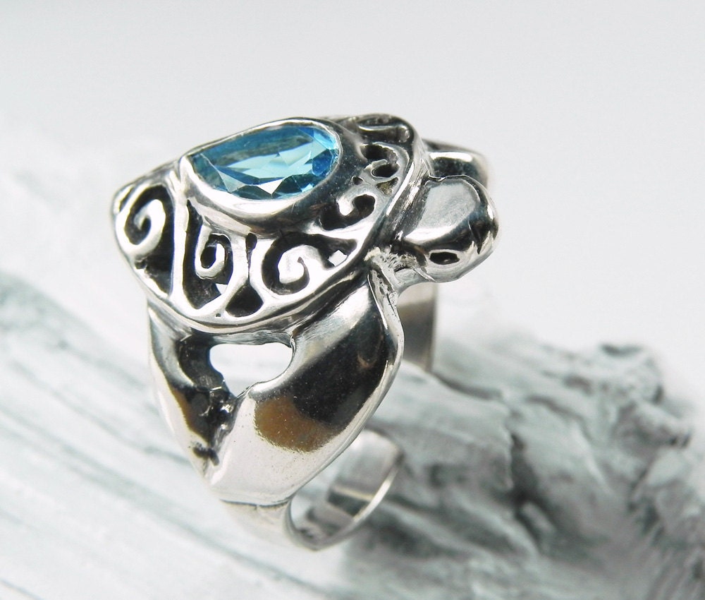 Turtle Ring - Sea Turtle Ring - Sterling Silver Blue Topaz - Unique Sea Turtle Jewelry - Ocean Inspired - Aqua Blue