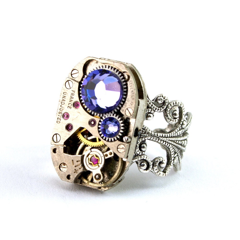 Steampunk Ring - Gorgeous Vintage Clockwork ring design & Purple Tanzanite Swarovski Crystals - Steampunk Jewellery PROMPTLY SHIPPED