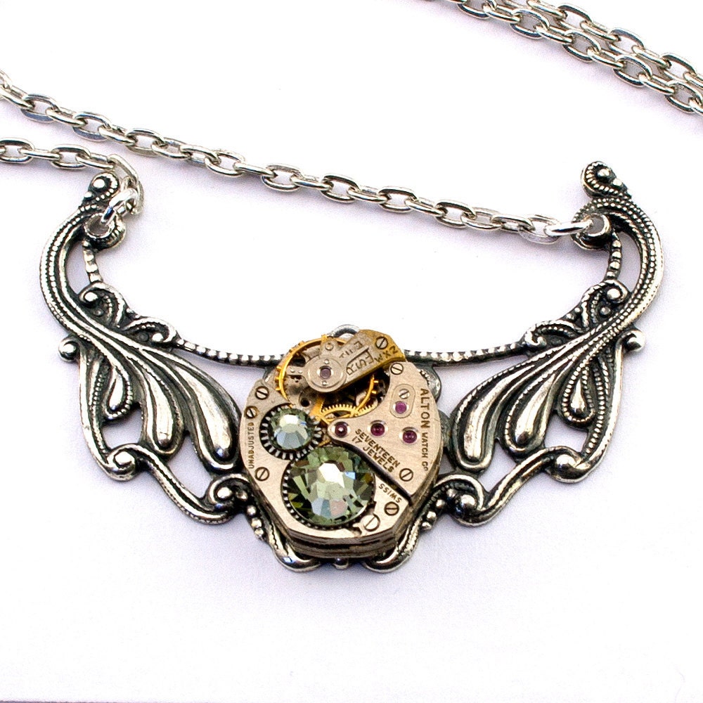 Steampunk Necklace - Gorgeous Vintage Watch Movement Accented & Black Diamond Swarovski Crystals - PROMPTLY SHIPPED Steampunk Jewelry