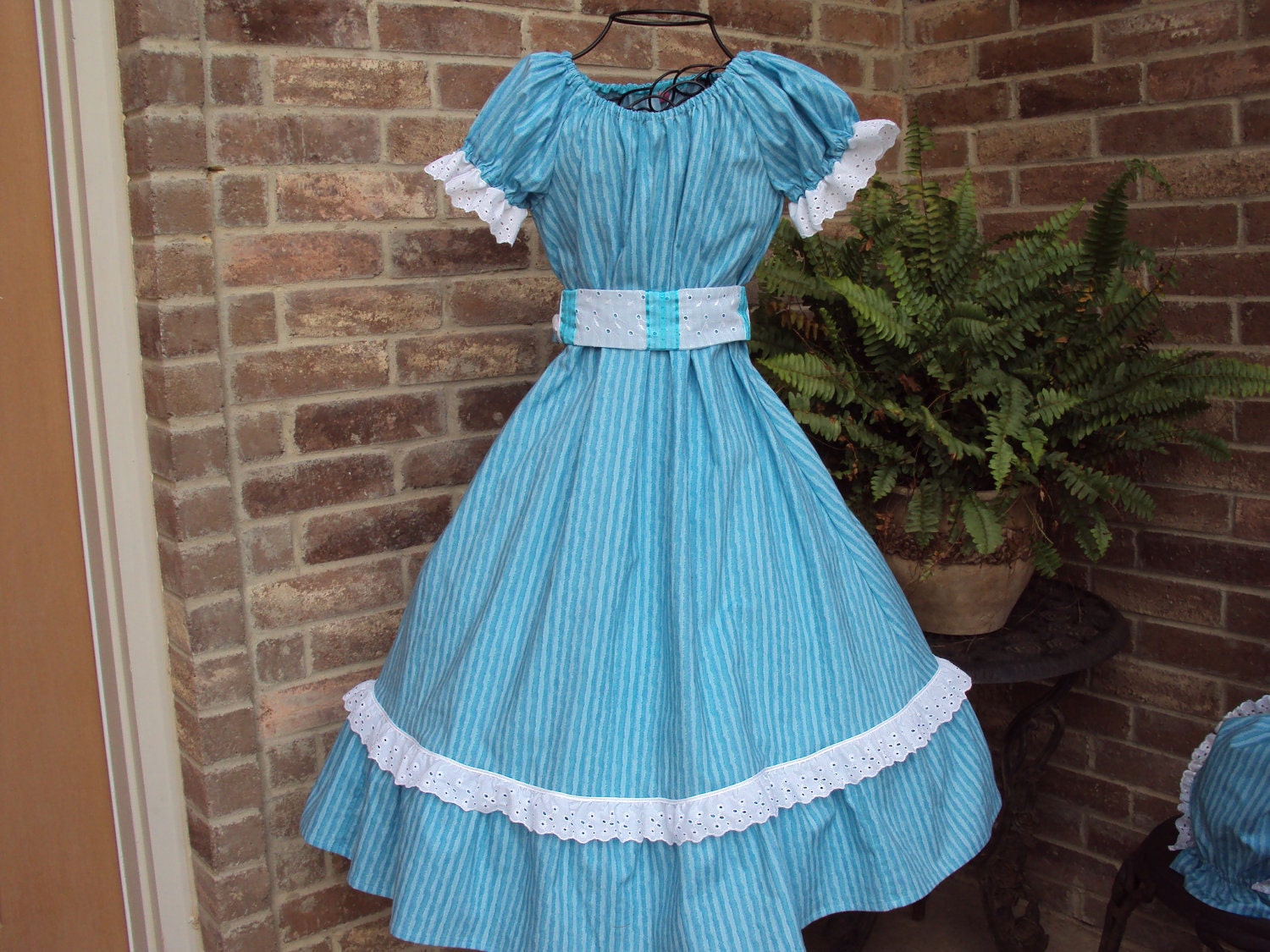 Prairie Party Dress-- Southern Belle--OOAK--tourquoise and aqua stripe with bonnet and sash--girls size 5