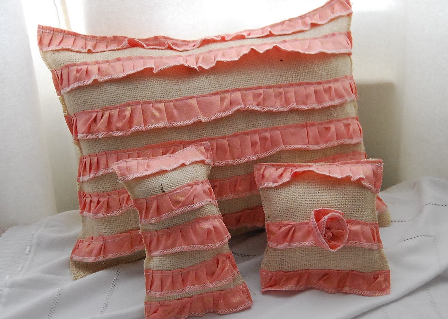 Ruffled Burlap Pillow Trio