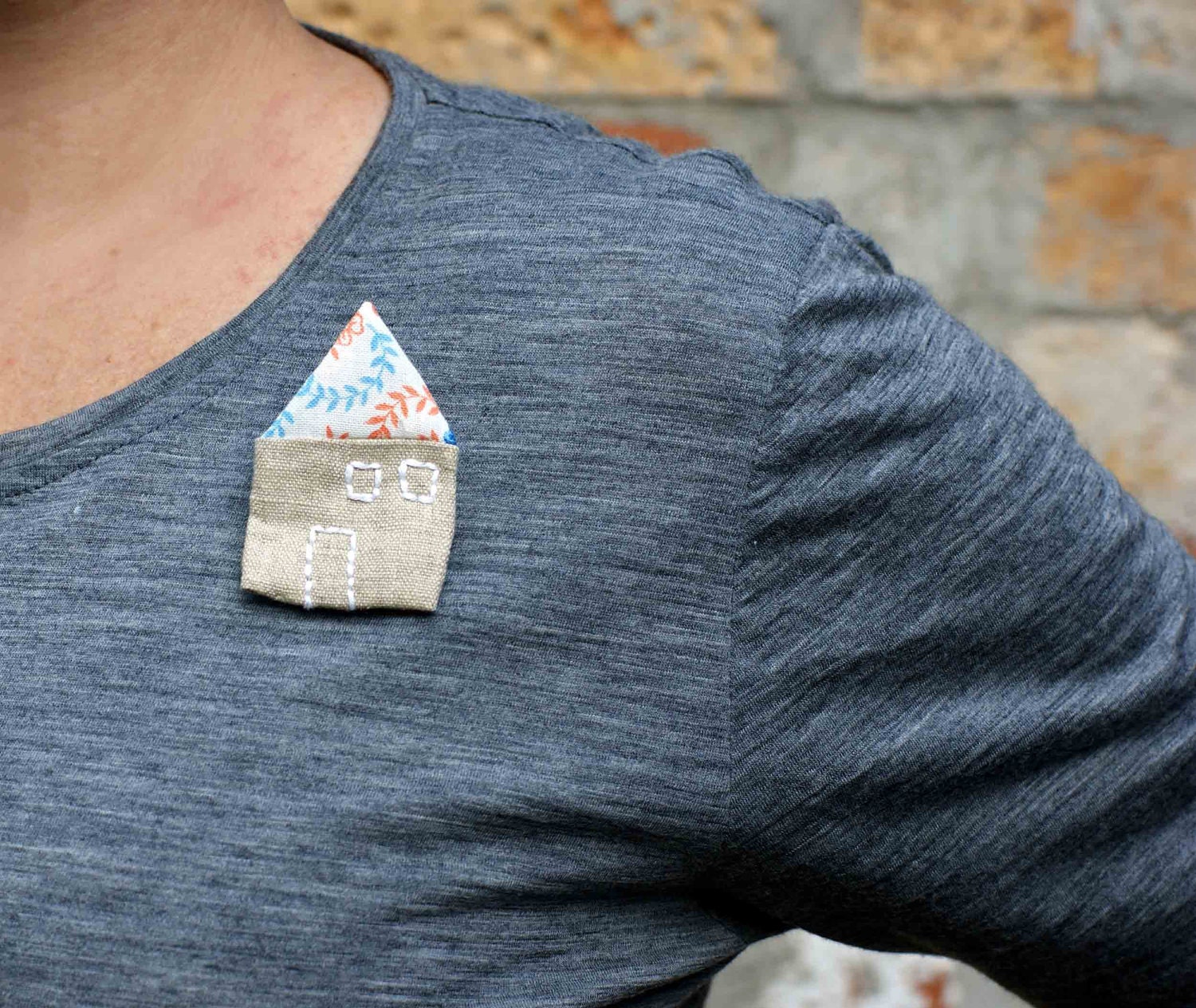 Creamy Soft Linen Vintage Fabric House brooch pin with tiny stitched doors and windows