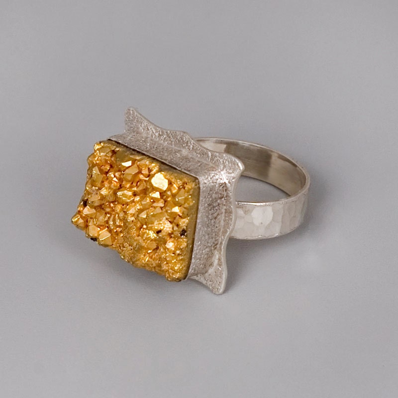 Sterling Silver Ring  with Gold Plated Rough Agate - Modern Design - "Treasure"