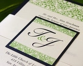 Damask Wedding Invitation Blue and Green with Ribbon Belly Band - Jazzy Damask Wedding Invitation Suite - Sample Kit