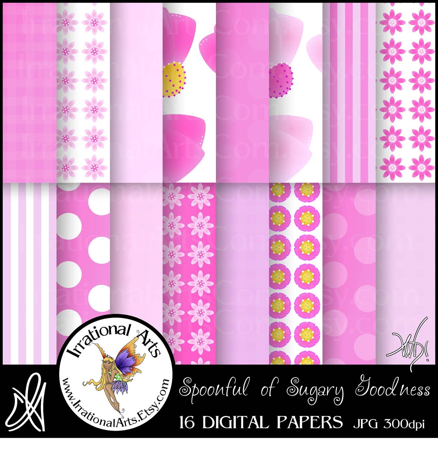 Spoonful of Sugary Goodness set 1 with 16 JPG digital files for Scrapbooking Papers Pink flowers and patterns