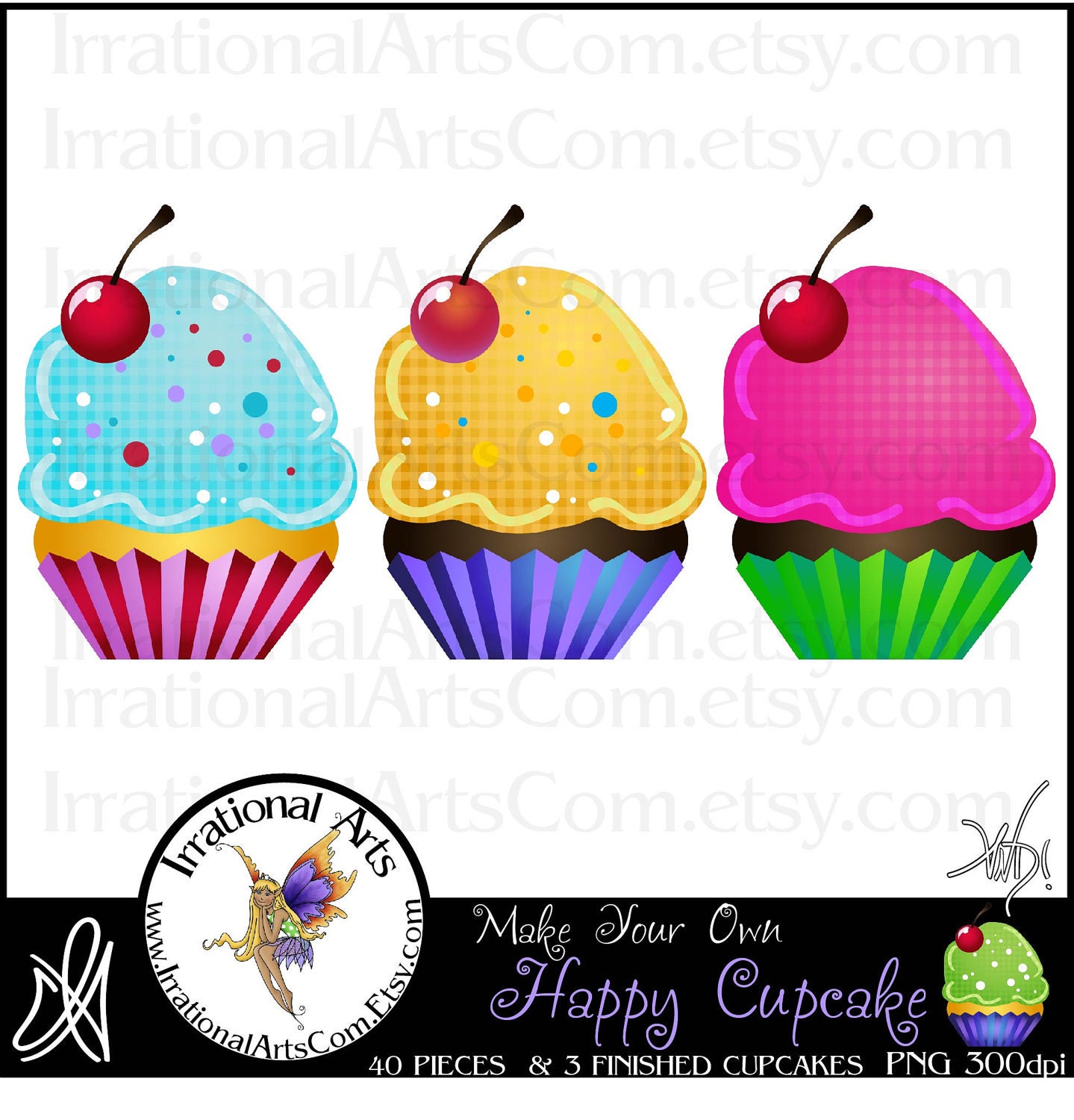INSTANT DOWNLOAD Build your own Happy CUPCAKES set of 40 Digital Graphics Clip Art  png files  Create your own fun whimsical cupcakes
