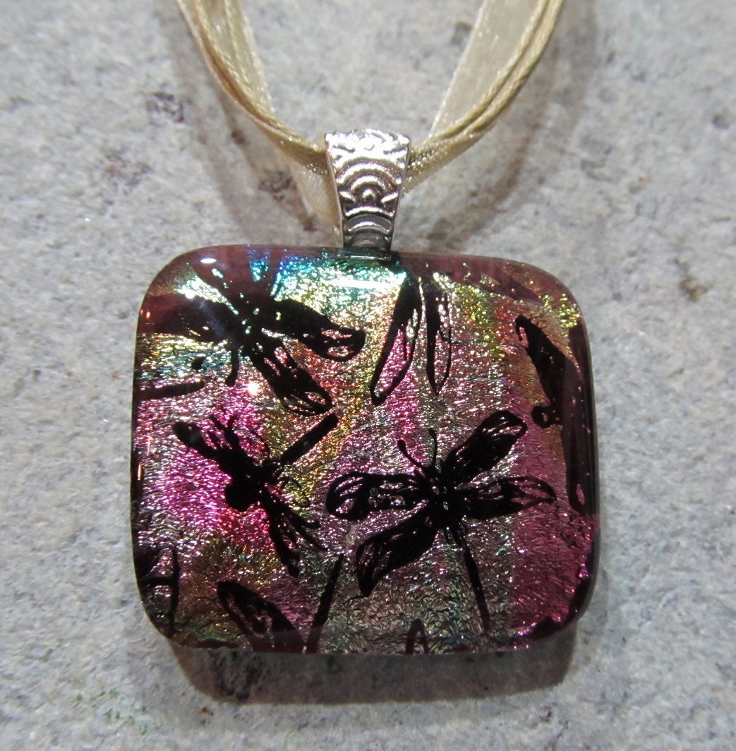 Fused Glass Pendant with ribbon necklace: Northern Sky Dragonflies
