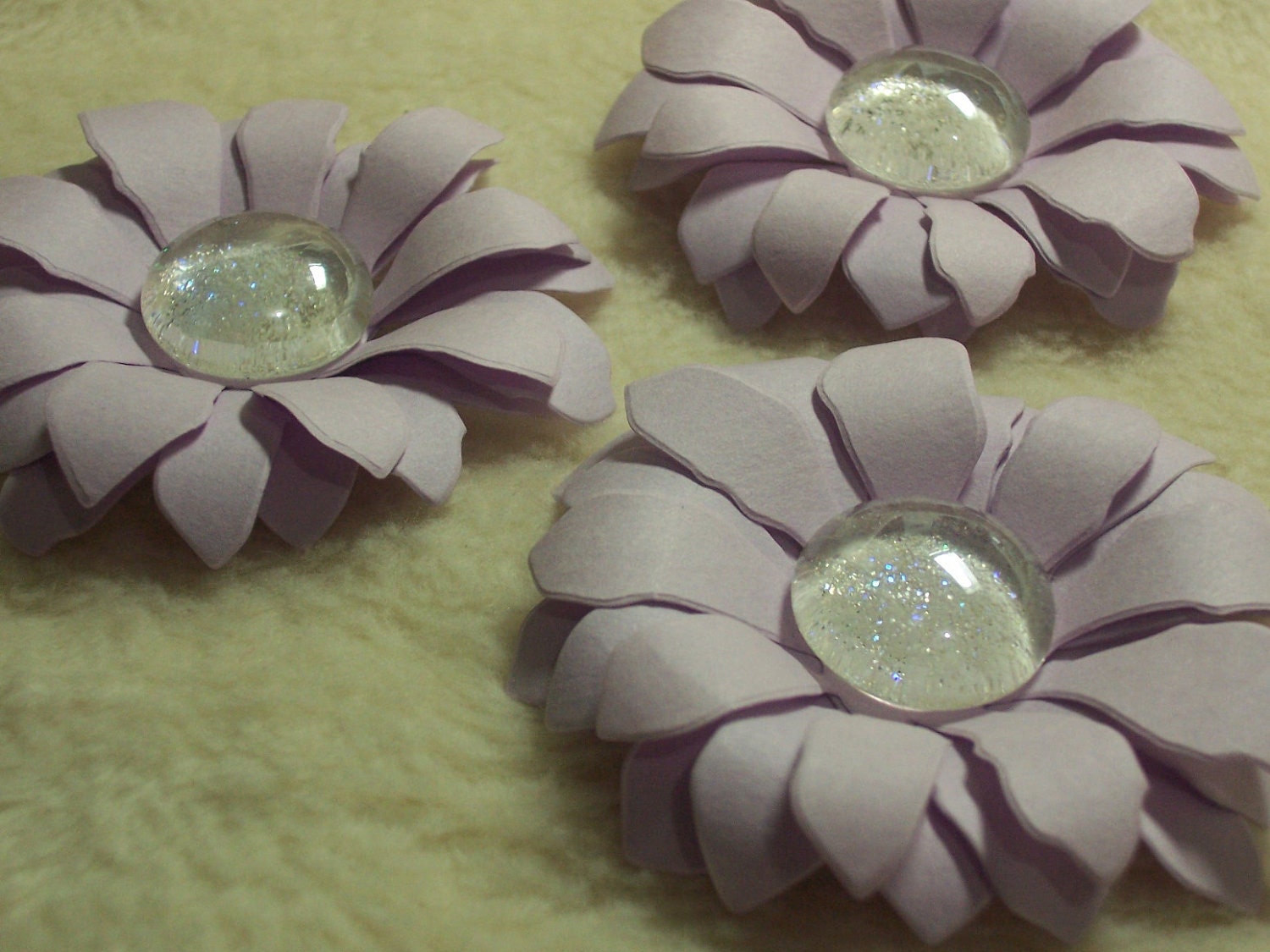3 Piece Set of Very Elegant Lavender Lace Puffy Daisy Handmade Paper Scrapbook Flowers
