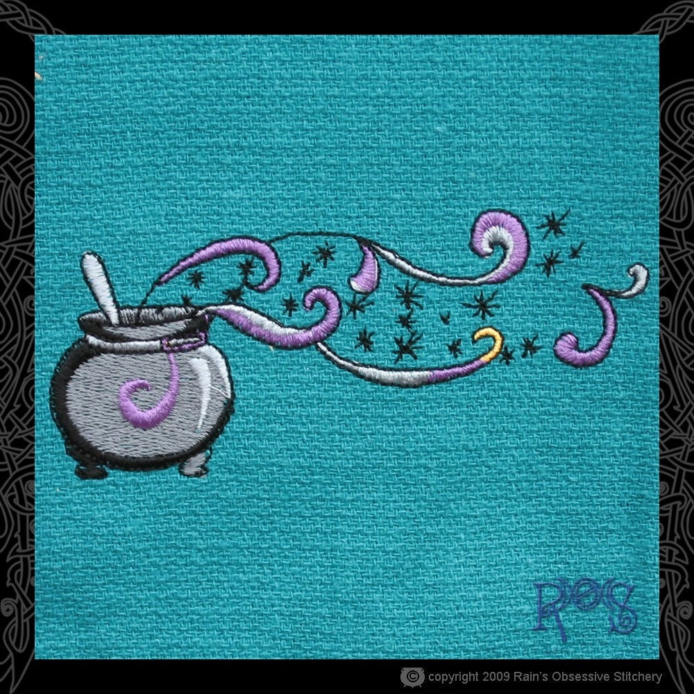 Green Tea Towel Embroidered with Cauldron