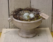 Vintage urn with NEST AND EGGS / spring home decor / nest and eggs assemblage / cottage chic