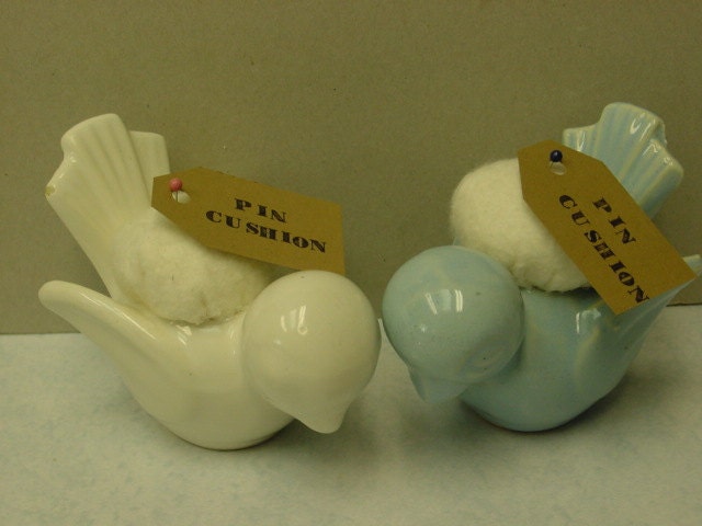 HALF PRICE SALE / vintage bird pin cushions / altered bird vase pin cushion / pin cushion / choice of white or blue
