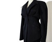 Vintage THIERRY MUGLER Suit - Hourglass Pinstripe Navy Blue Wool 1980s S