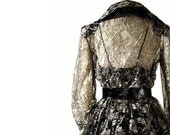 Vintage 80s 1950s Style Cocktail Party Dress - Full Skirt Black and Silver Lace Dramatic S