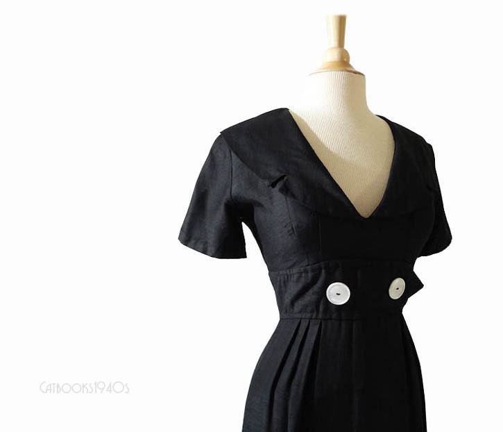 Black Vintage 1960s Sailor Dress S - Silk Shantung Blend Nautical Dress