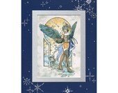 5x7 Double Matted Embellished Print Angel of Winter with Swarovski Crystal and Metallic Silver Ink