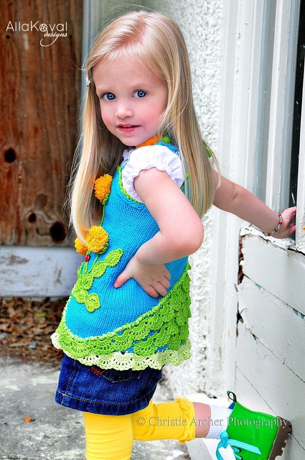 Dandelion Tunic Pattern/eBook Sizes 2-12 Hand Knitted with Crocheted details