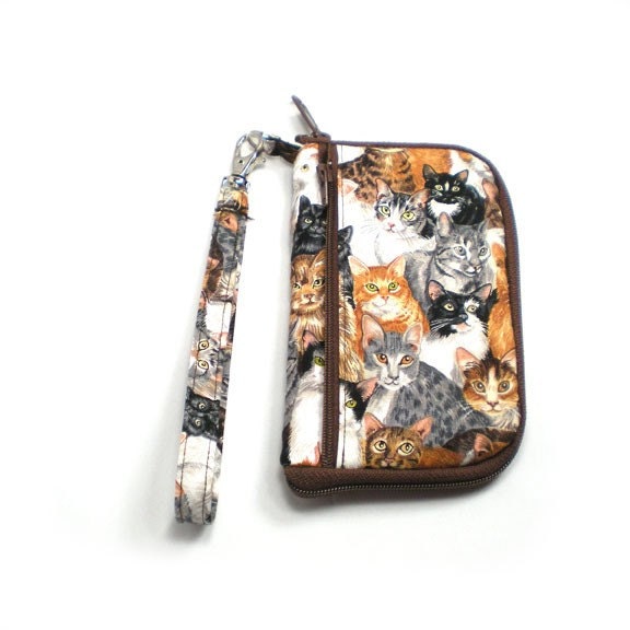 Wrap Around Zipper Gadget Cell Phone Case Wristlet Brown Cat Faces