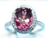 2.73 Carat 10 X 8mm. Natural Rubellite Red \/ Pink Tourmaline set in a 14k White gold ring with diamonds (.33ct) 0325