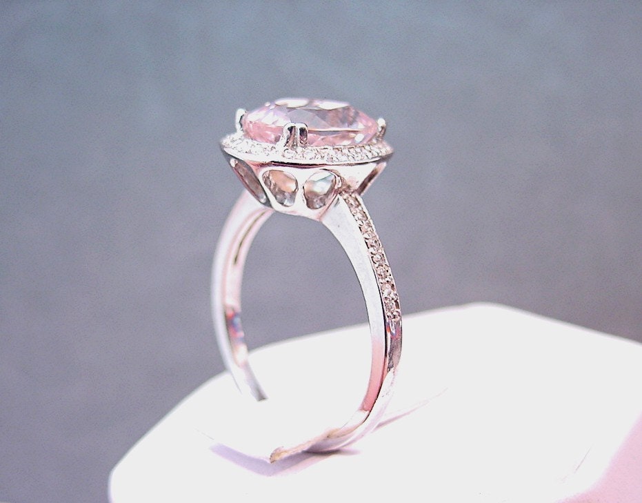 2.69 Carat 10 X 8mm. Natural Pink Morganite set in a 14k White gold ring with diamonds (.30ct) Ring 0818