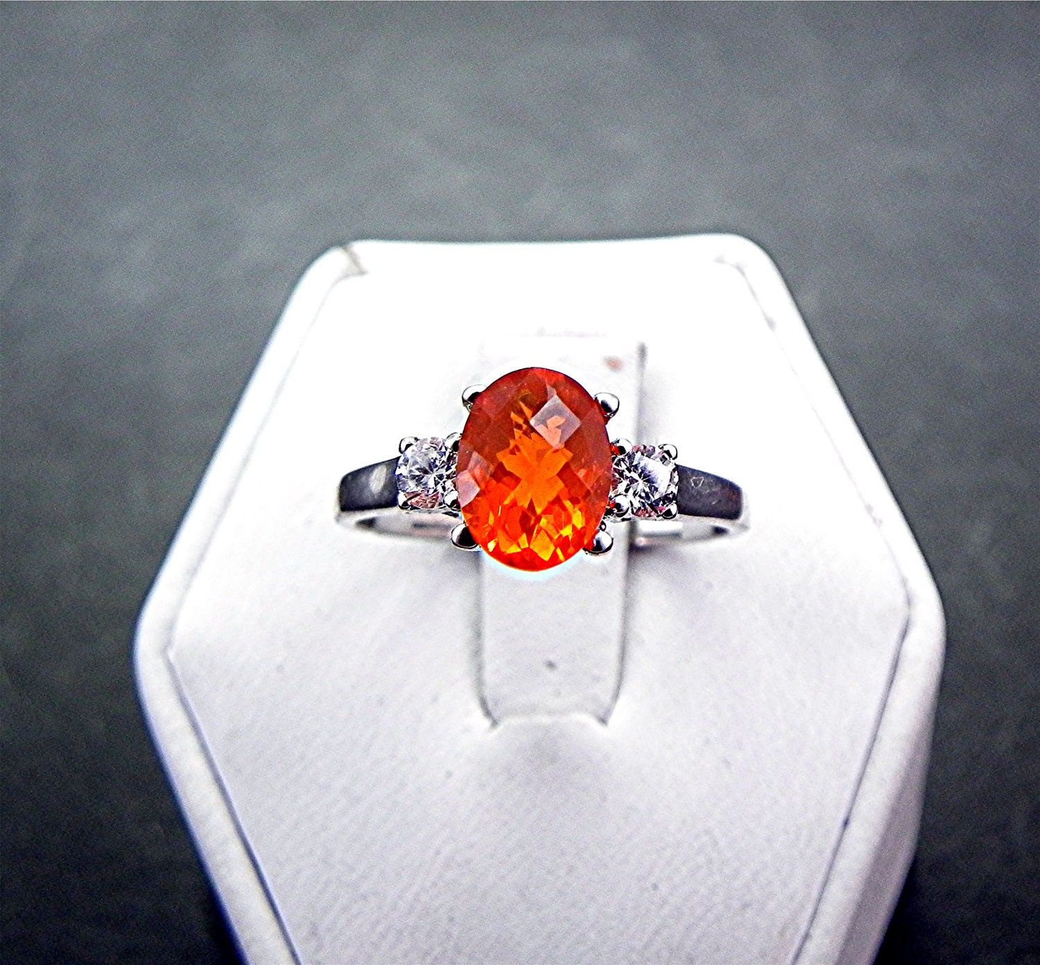 8x6mm 0.98 ct Mexican Fire Opal with .14 cts of Diamonds 14K white gold ring 1065 C863