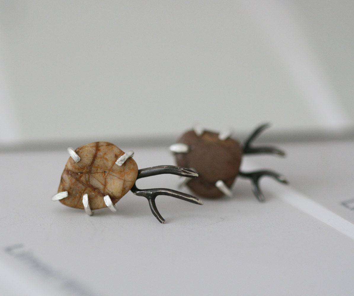Pebble Form Earrings - Sterling Silver and Beach Pebble Studs