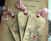 Set of 5 ALICE IN WONDERLAND-White Rabbit Knave - Glittered Heart Tags--- Valentine's, Christmas, Weddings, Gifts - Choose your ribbon color