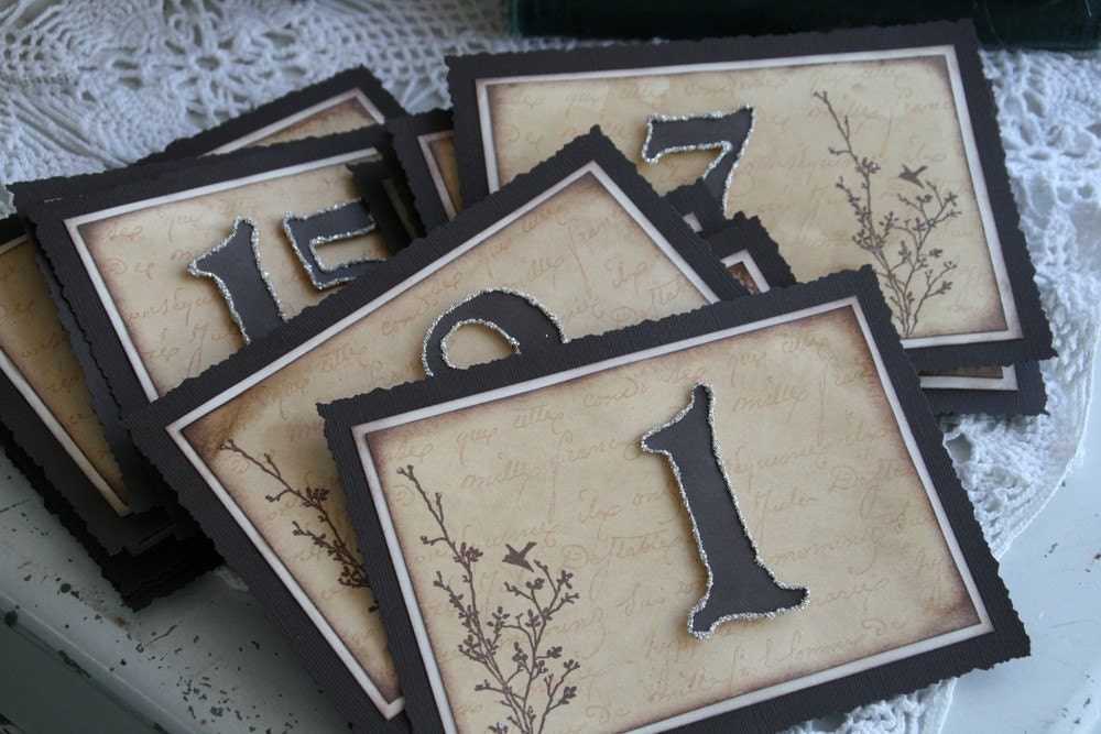 WEDDING TABLE NUMBERS - Vintage, Rustic Style - birds with braches---weddings, parties, events--- hand-made table decor.