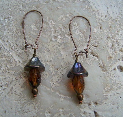 Blue Bell Flower earrings with Amber faceted glass beads on kidney wires-copper