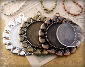 Vintage Flower Setting Pack - 10 Blank Settings, 10 GLASS Domes, 10 Necklaces - Antiqued Bronze Brass Cabochon Setting Pendant Trays - VFS