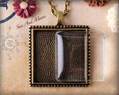 Pendant Tray Package - 10 Vintage Cabochon Settings,10 Clear GLASS Cabochons,10 Antique Bronze Necklaces - 1 Inch Square Glass Tiles - VSPTP