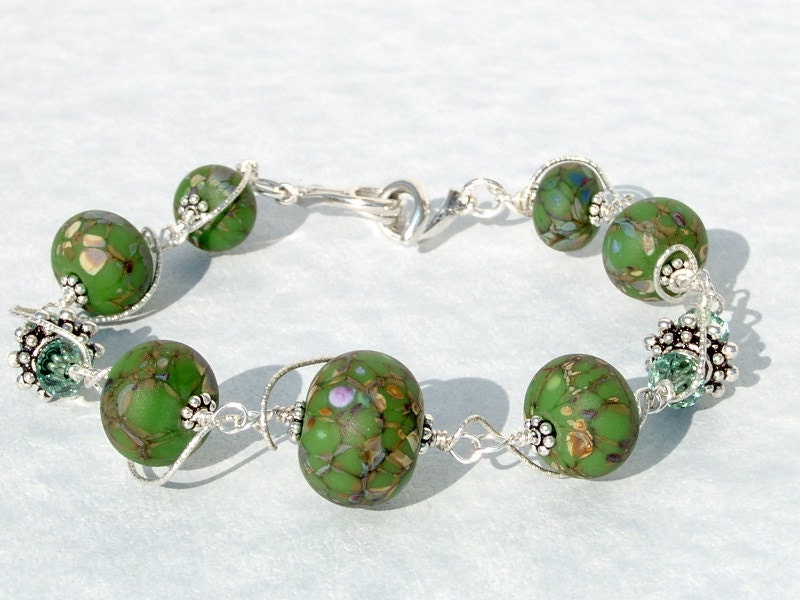 Lampwork Glass Bead Wire Wrapped Sterling Silver Crystal Bracelet - Fern Romance