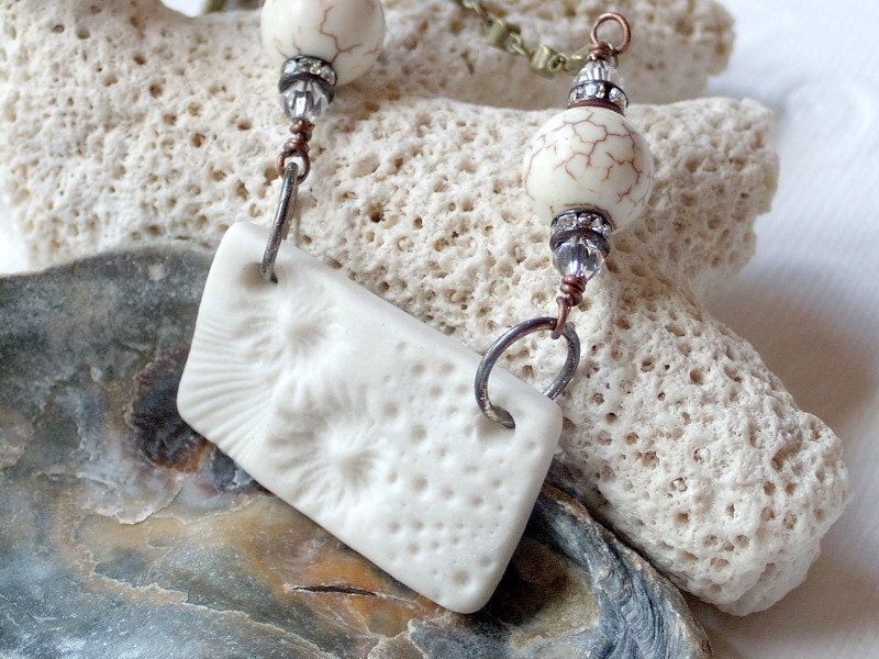 Porcelain Bisque Pendant Natural White Turquoise Bead Bronze Chain Necklace