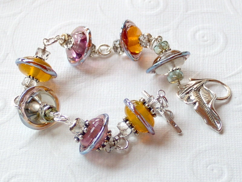 Organic Shaped Lampwork Bead Czech Glass Sterling Silver Wire Wrapped Bracelet - Fall Leaves