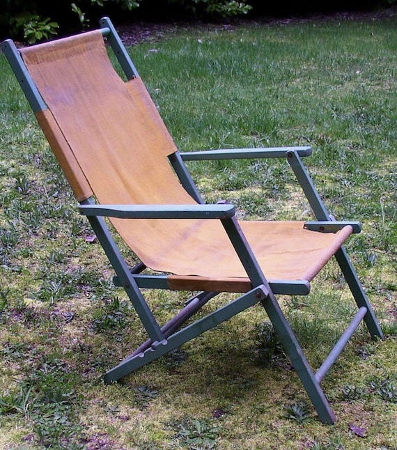 Antique LAWN, BEACH CHAIR, wood, canvas, green, mustard, folding 3 positions, Very Cool