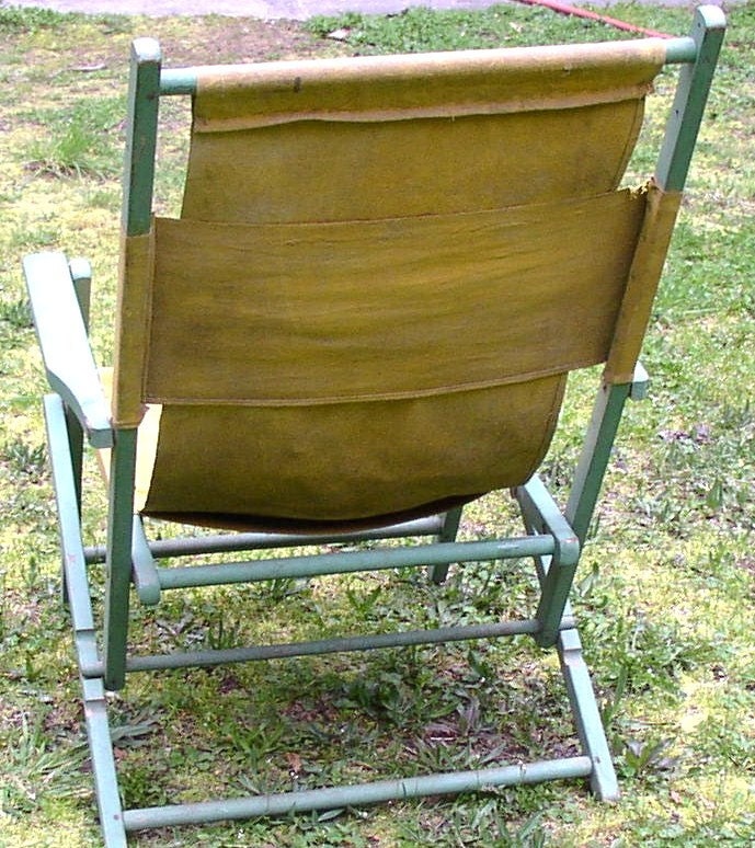 Antique LAWN, BEACH CHAIR, wood, canvas, green, mustard, folding 3 positions, Very Cool