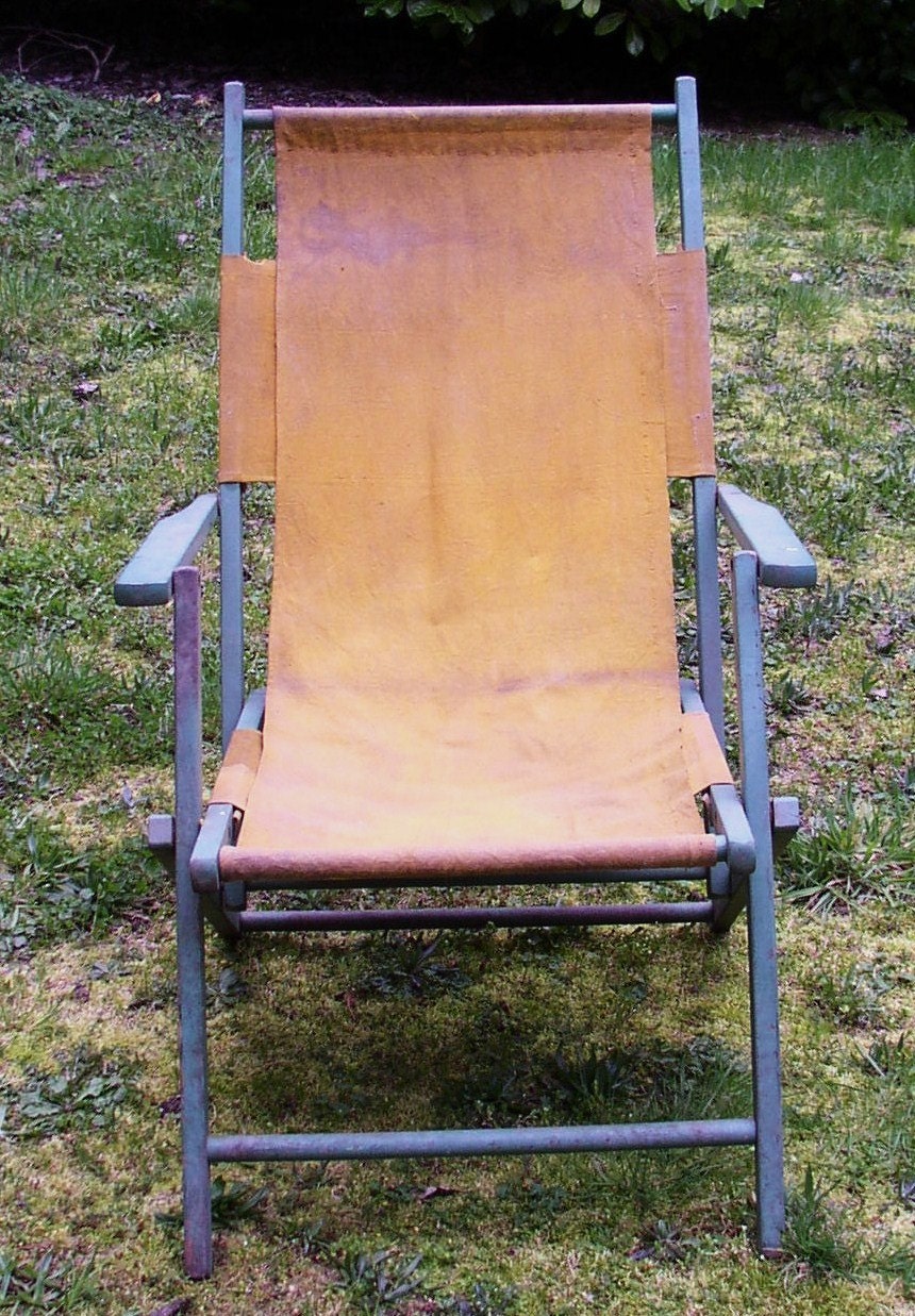Antique LAWN, BEACH CHAIR, wood, canvas, green, mustard, folding 3 positions, Very Cool