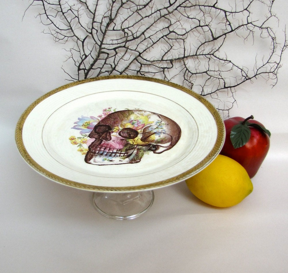Skull Cake Plate Display Stand Floral Halloween home decor altered vintage dish