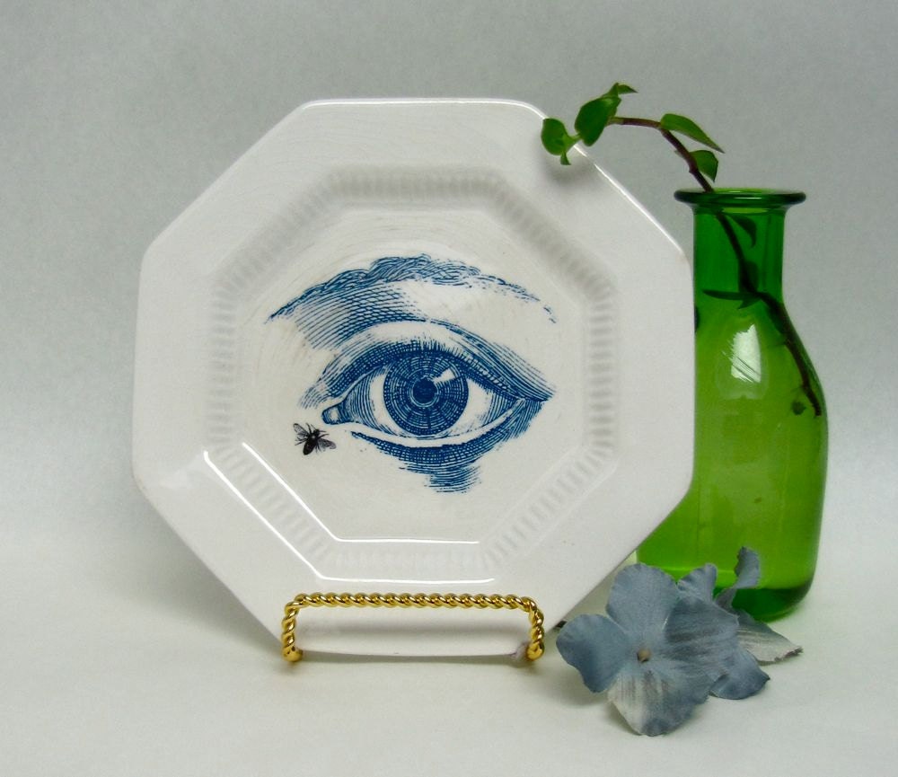 Altered Vintage Plate Blue Anatomical Eye White Ironstone wall hanging
