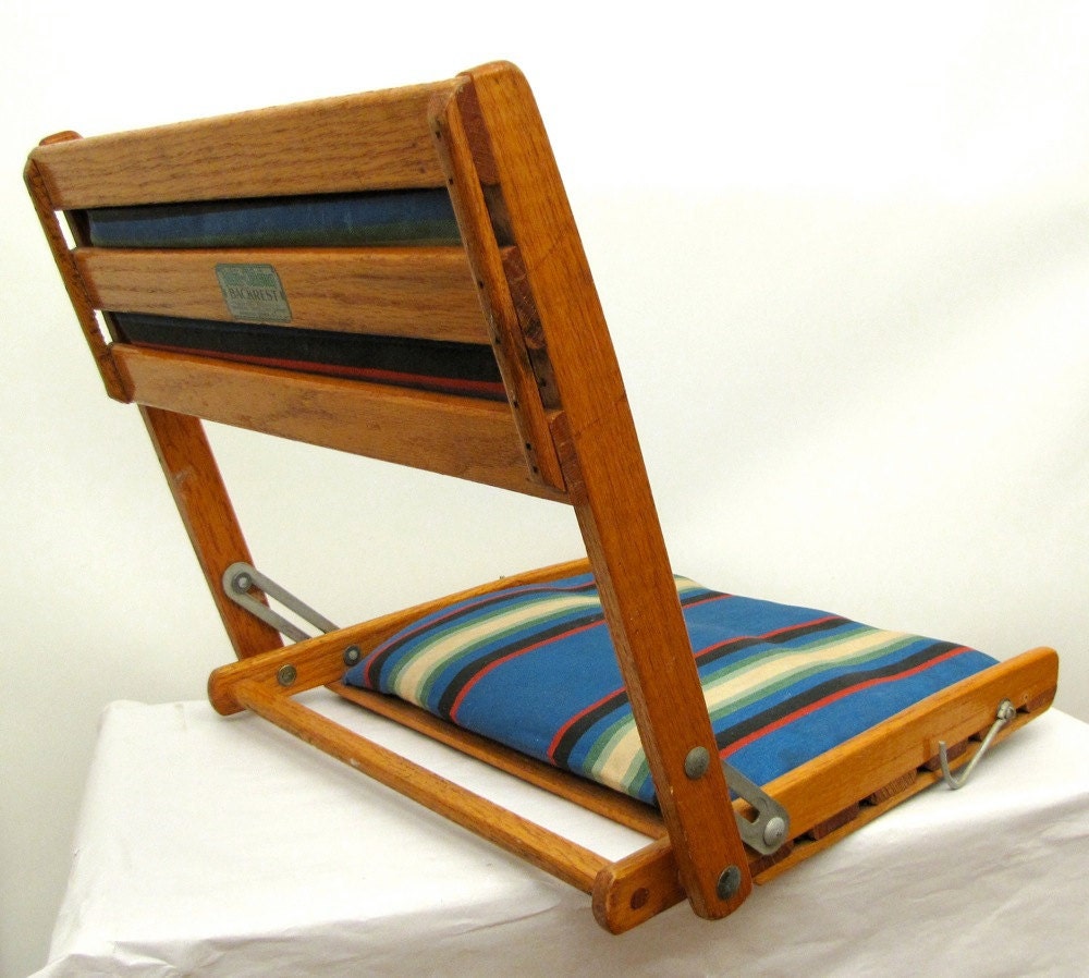 Summer Camp vintage folding oak and striped canvas portable travel chair Canoe Seat 1930s 40s