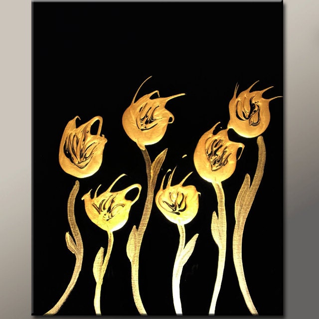 Abstract Art Painting 16x20 Original Metallic Gold Contemporary Flower Art by Destiny Womack - dWo - Wildflowers
