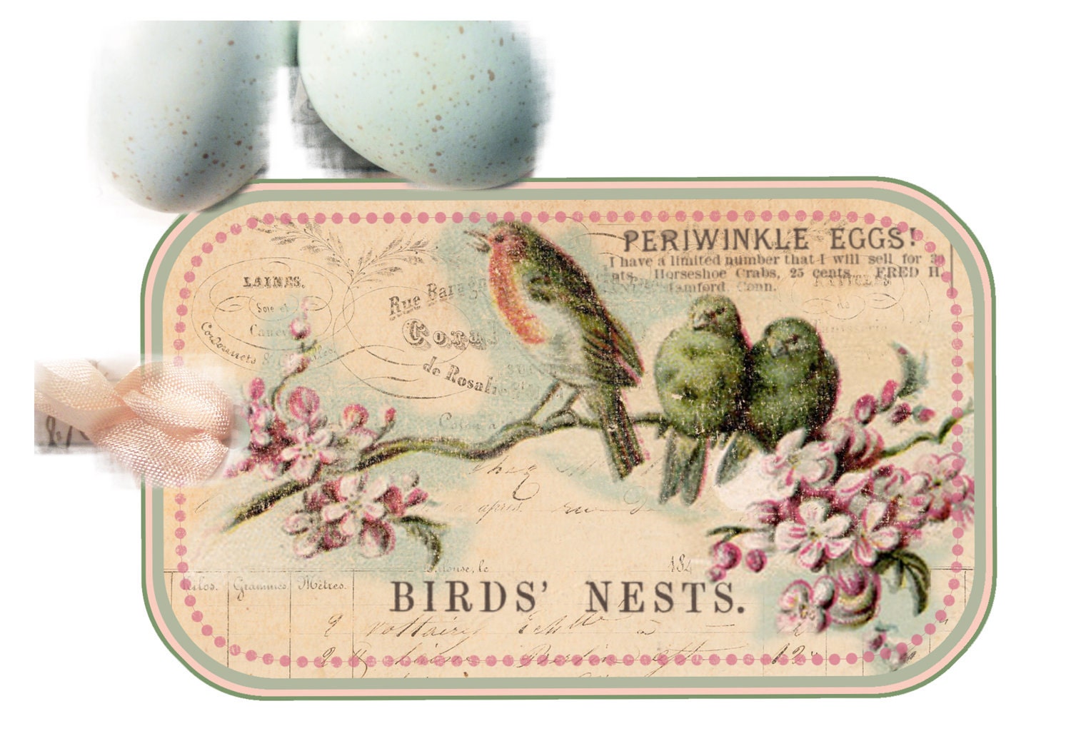 Bird Tags Nest Branch Lavender Shabby Springtime Pale Pink Robins Egg Blue